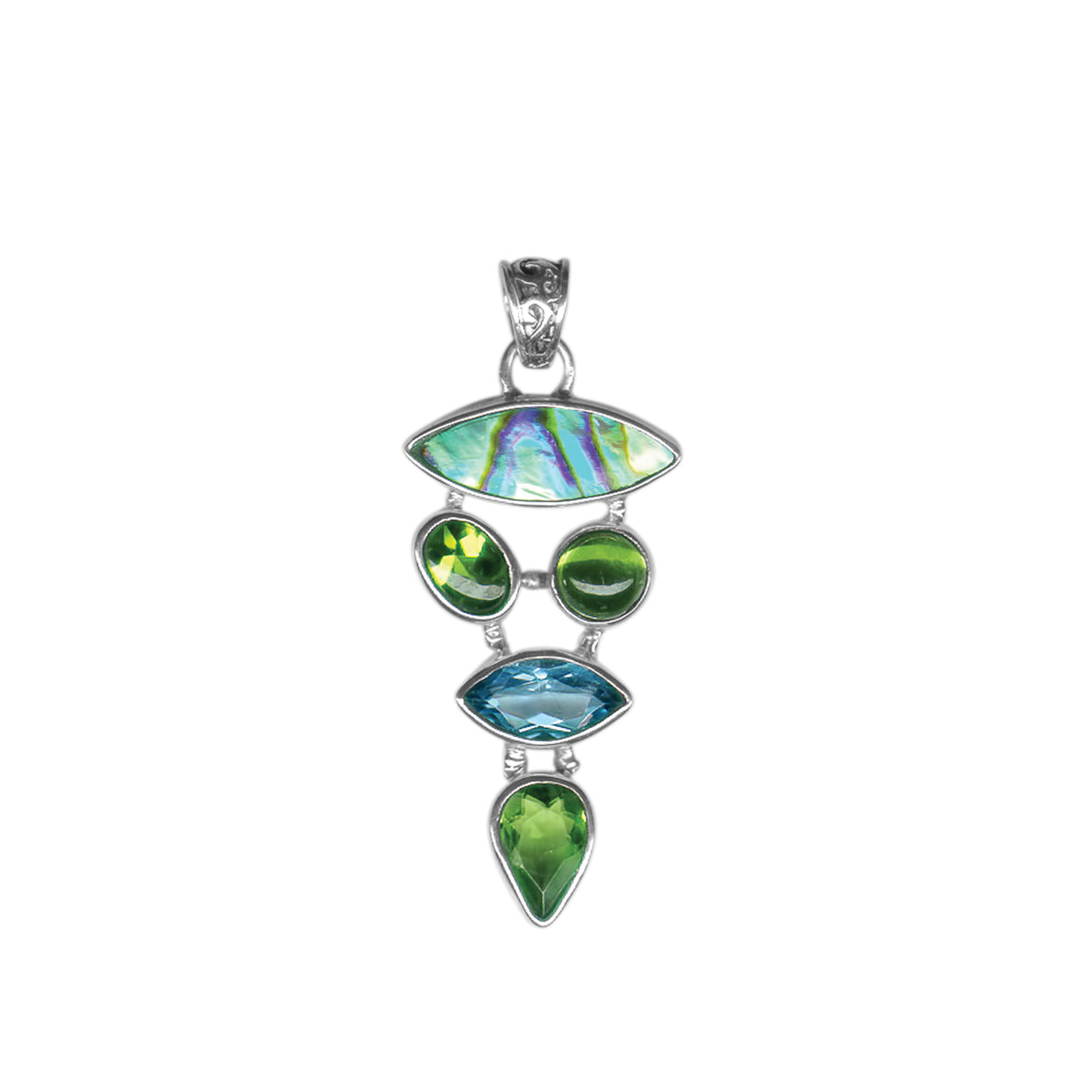 Sterling Silver Pendant With Paua Maquise, Peridt &amp; Blue Topaz