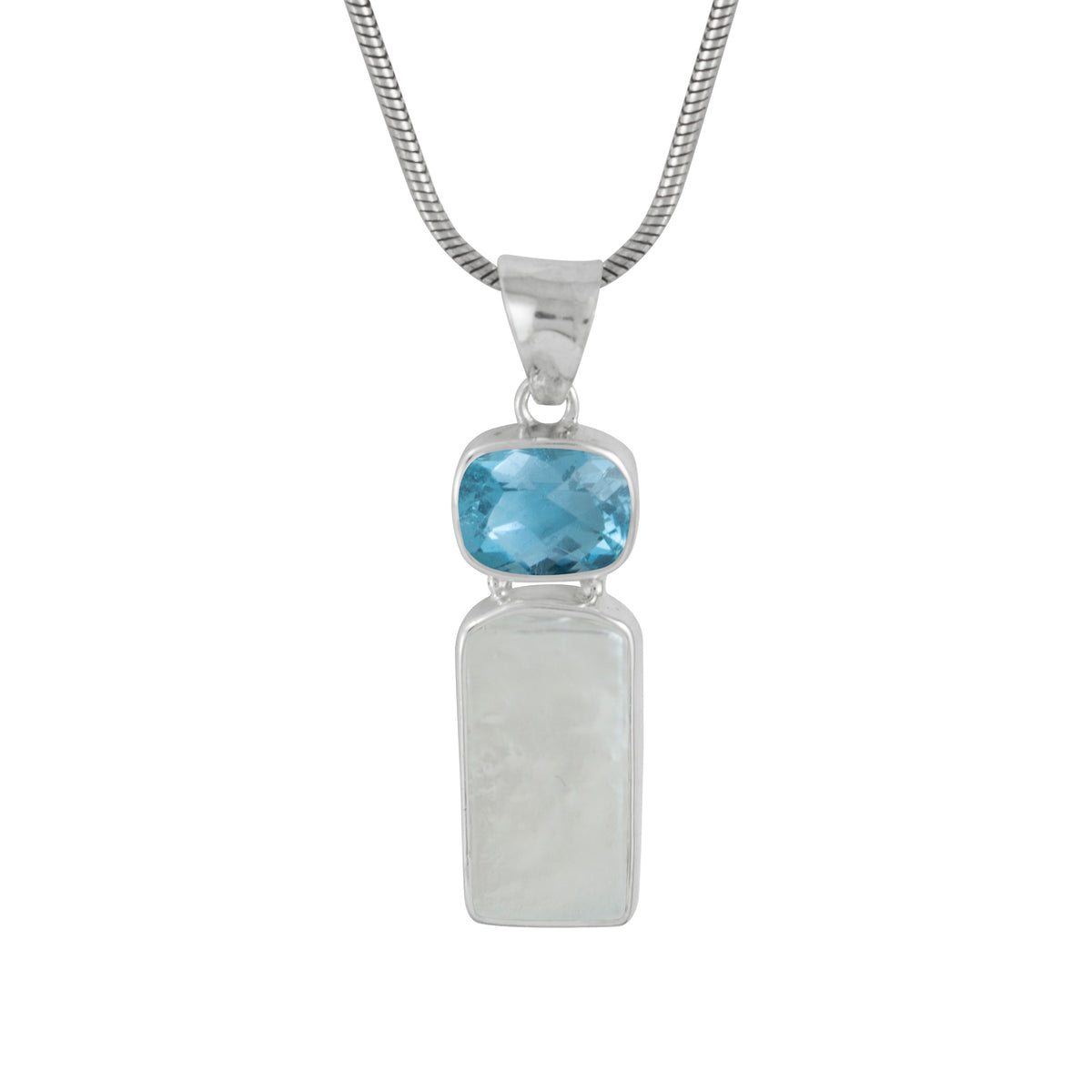 Sterling Silver Pendant With London Blue Rectangle Cushion Cheker, Pearl
