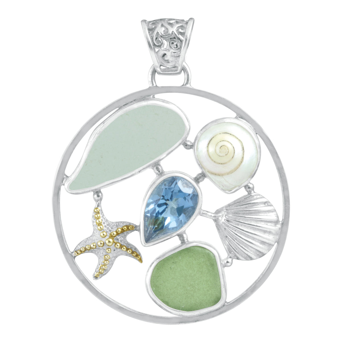Sterling Silver Pendant Sea Shell Medallion With Sea Glass, Blue Topaz,Sea Shell ComponentMPONANT