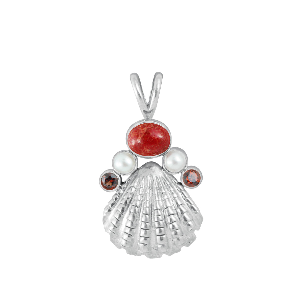 Silver Scallop Sea Shell Pendant with Gemstones