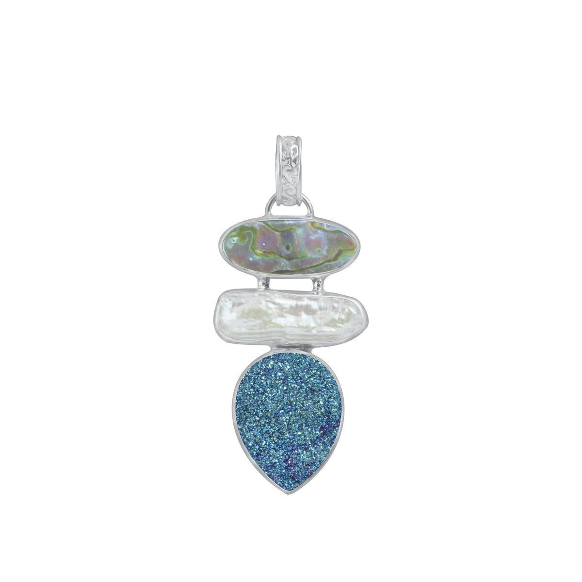 Sterling Silver Pendant With Druzy Cassiopiea Seas, Paua Oval, Pearl Biwa