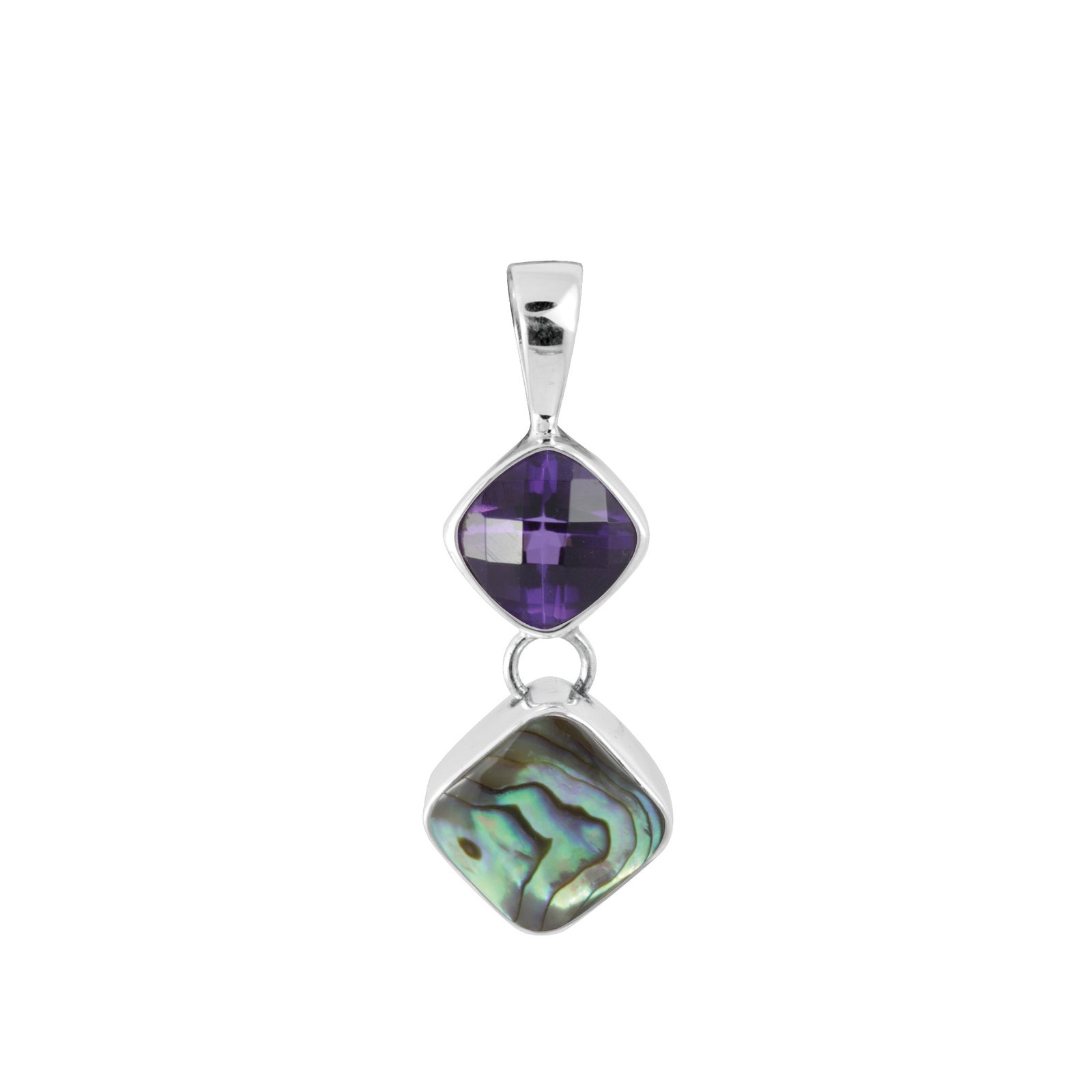Sterling Silver Pendant With Amethyst Square, Paua Drop