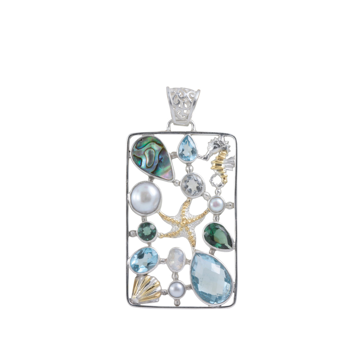 Sterling Silver Pendant With Square Frame, Multi Stones &amp; Sea Shell Component