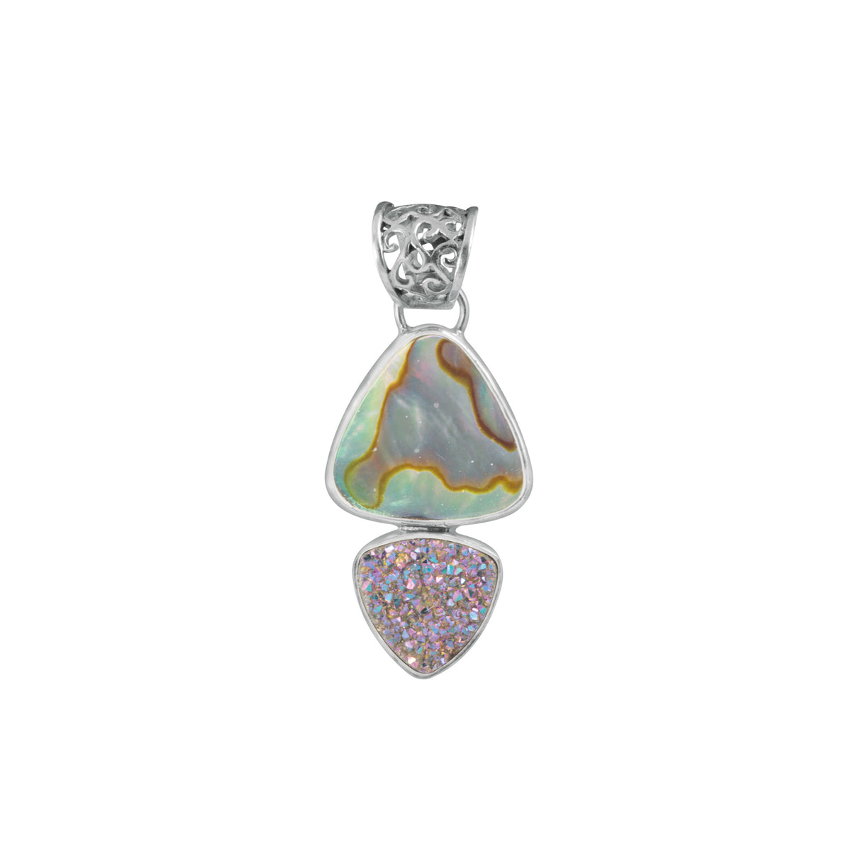 Sterling Silver Pendant With Paua Triangle, Druzy Rainbow Tri Angle
