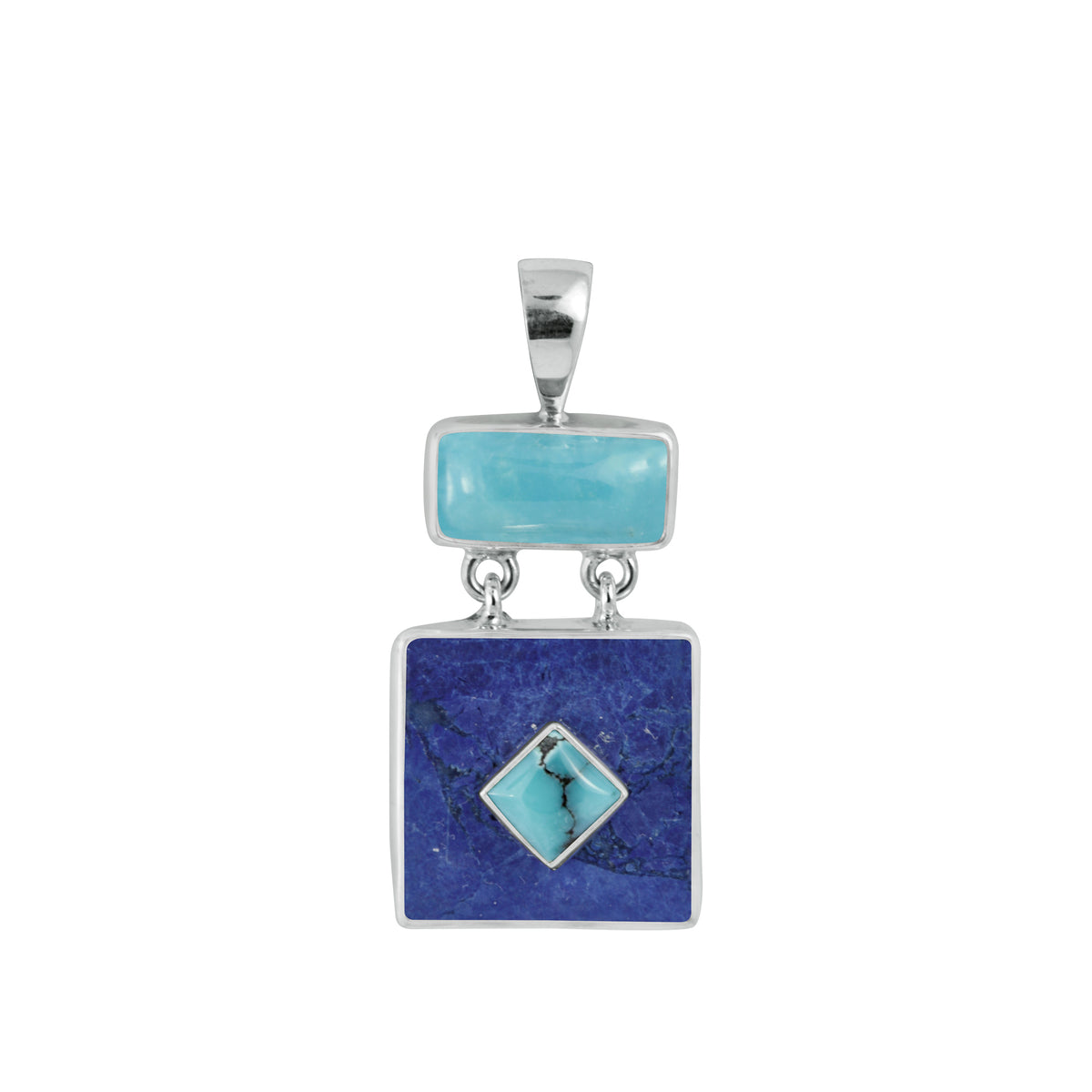 Sterling Silver Pendant With Turquoise Rectangle &amp; Square, Lapis Square