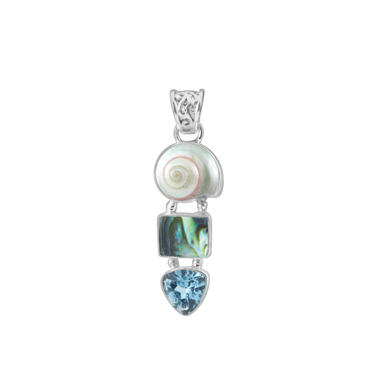 Sterling Silver Pendant With Shell Malabar Turbos, Paua Rectangle, Blue Topaz Tri Angle Facet