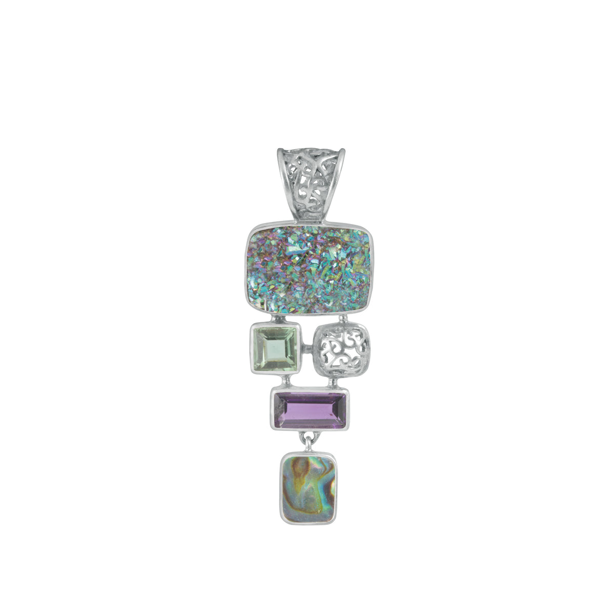 Sterling Silver Pendant With Peacock Druzy, Green Quartz, Amethyst