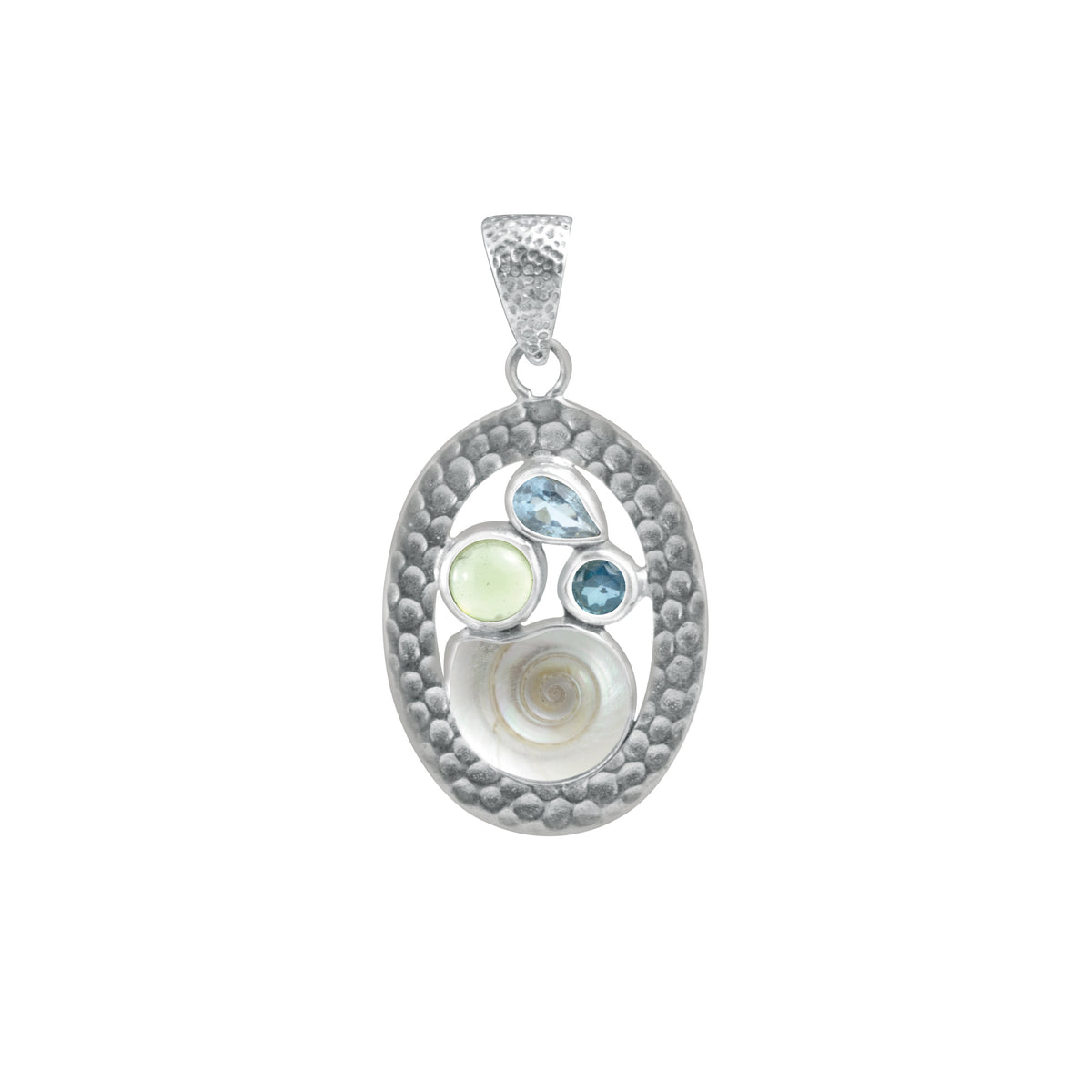 Sterling Silver Pendant With Multi Color Stone Inside Hammered Oval Frame