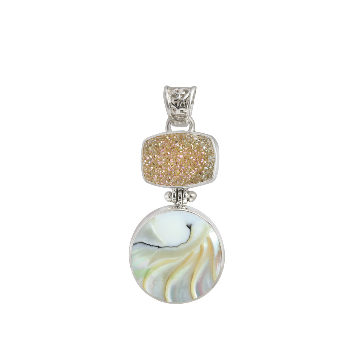 Sterling Silver Pendant With Strawbery Mocha Druzy Rectangle, Round Nautilas Drop