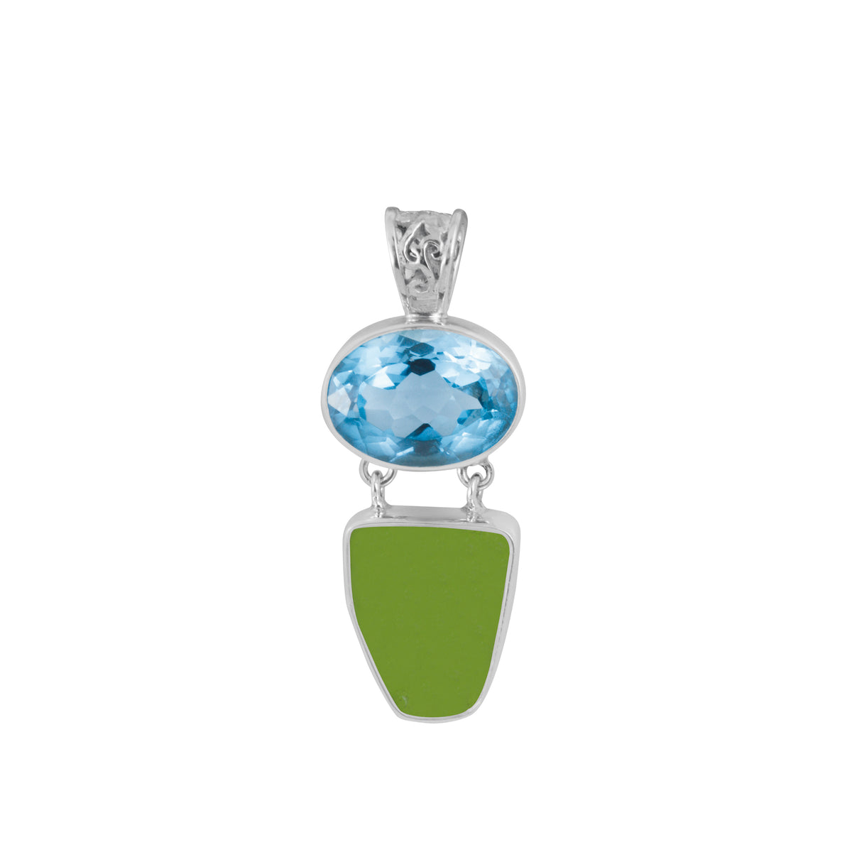 Sterling Silver Pendant With Blue Topaz Oval, Sea Glass Green Drop