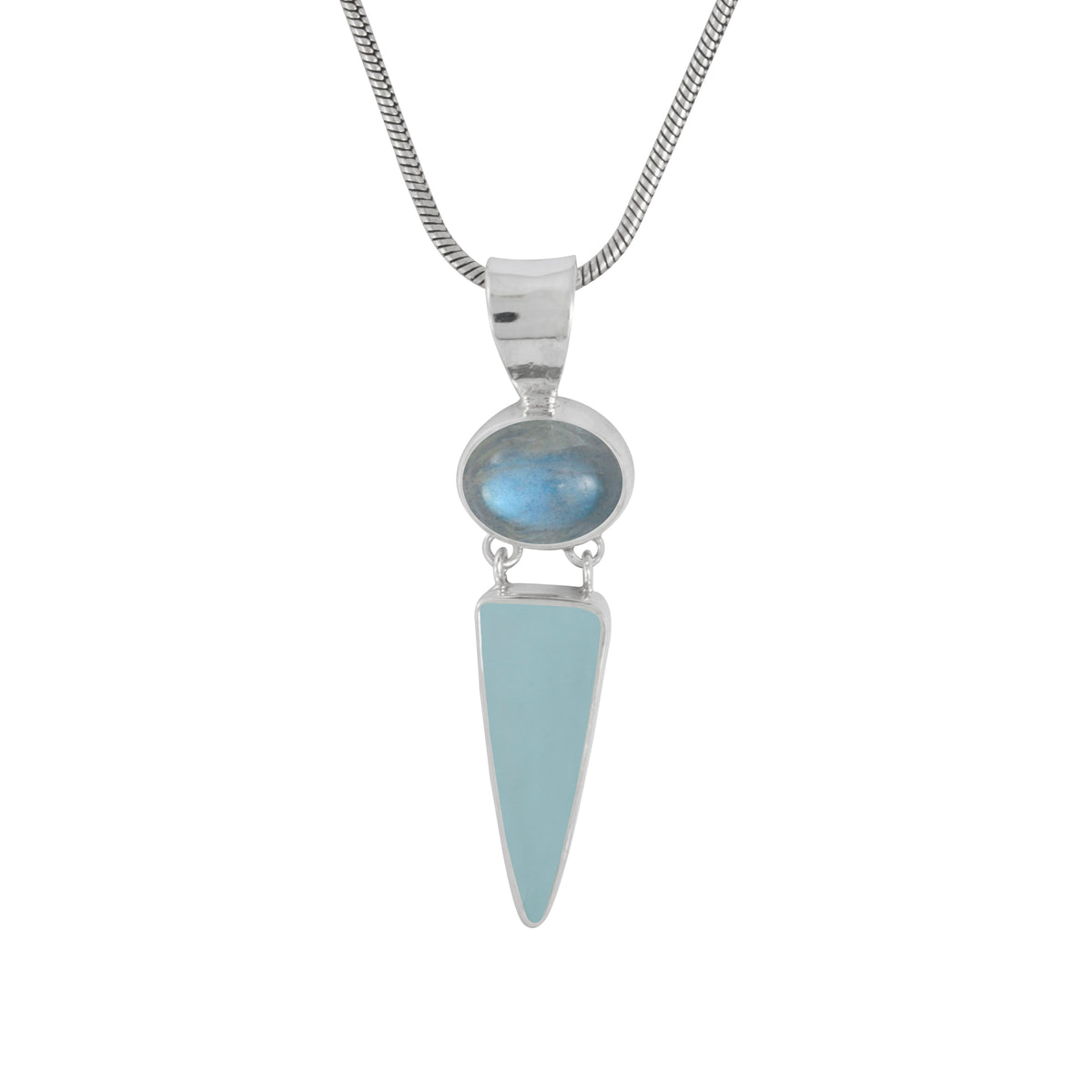 Sterling Silver Pendant With Labradorite Oval, Sea Glass Aqua Drop