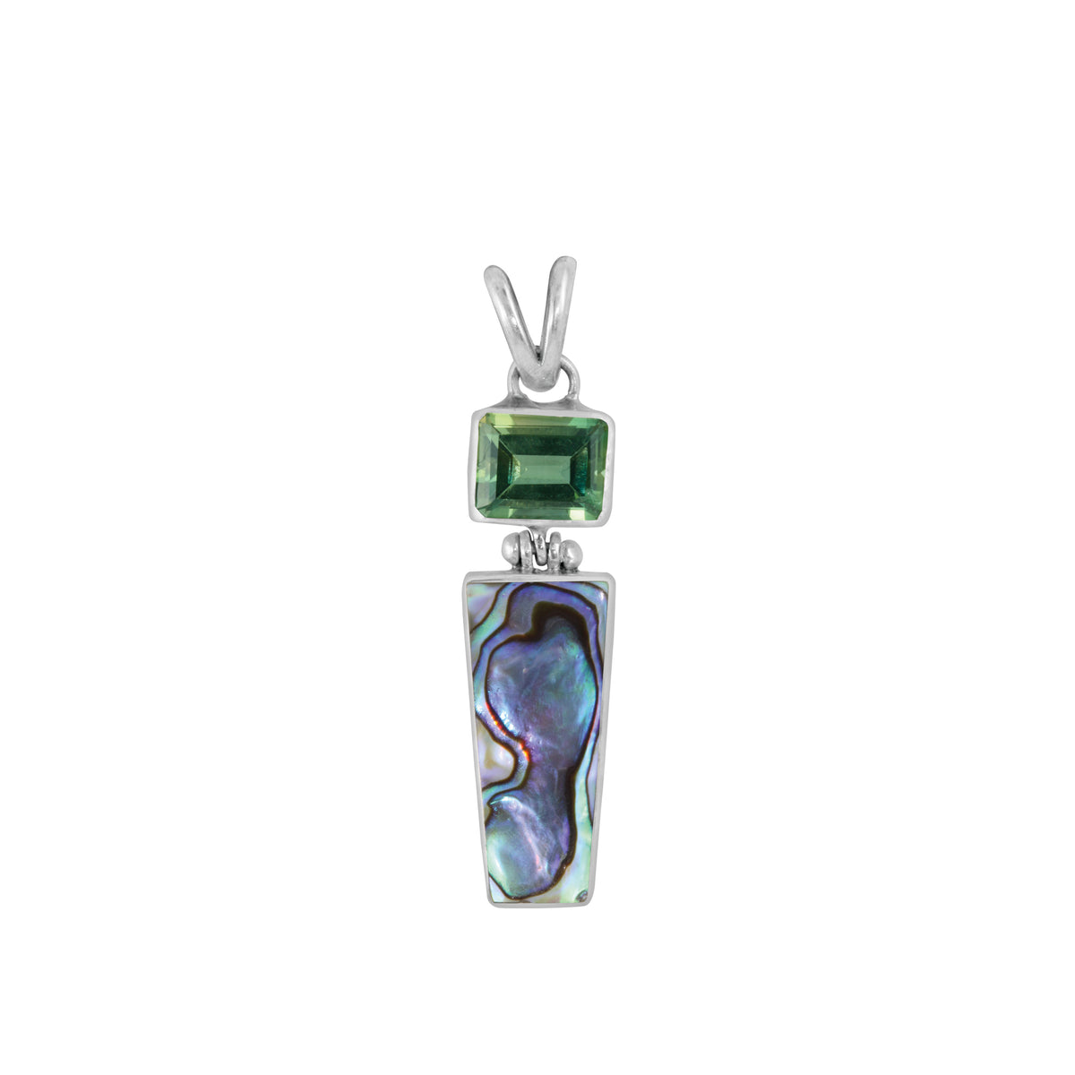 Sterling Silver Pendant With Green Topaz Rectangle, Paua Drop