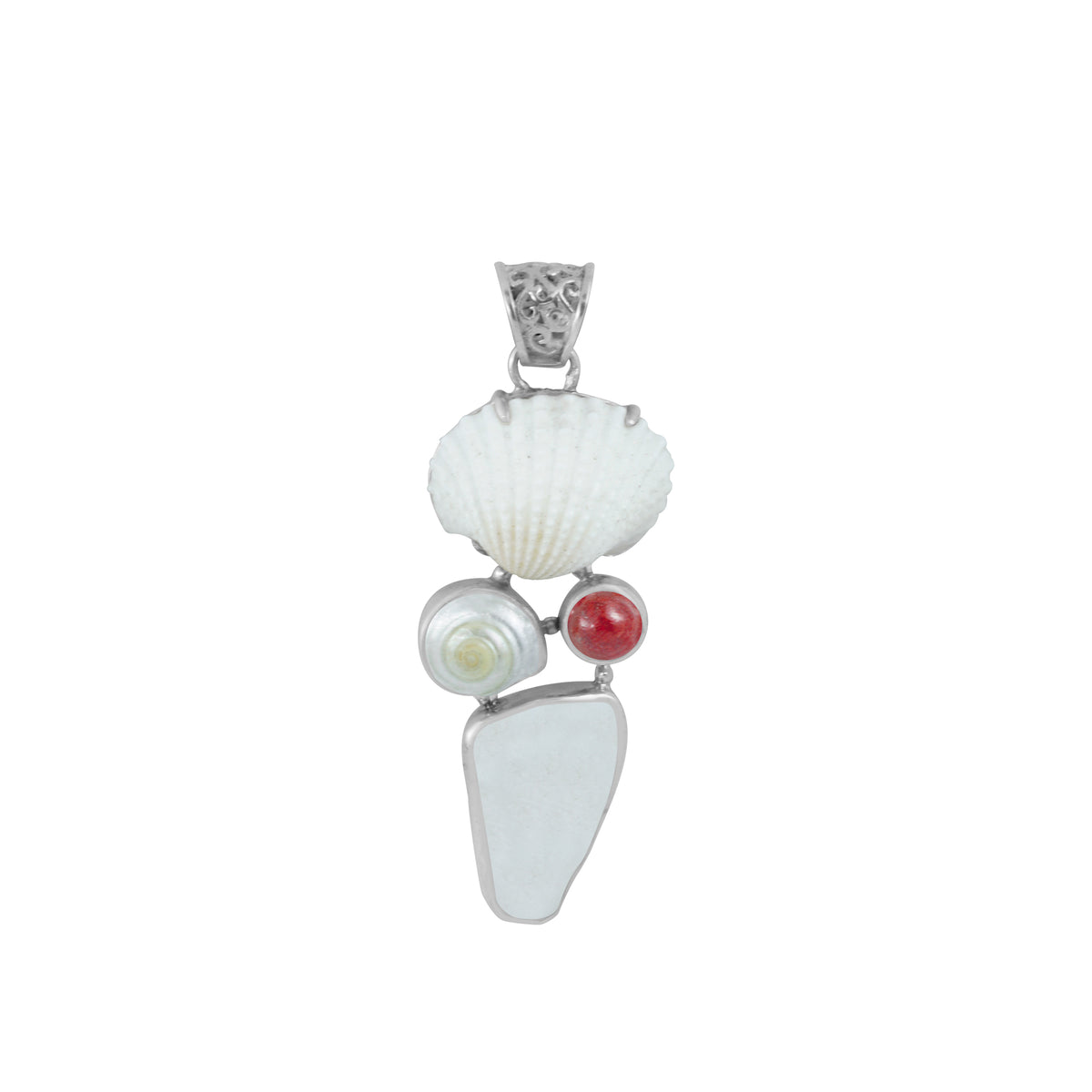 Sterling Silver Pendant With  A Symetrical Shell, White Ark, Sponge Coral, Sea Glass