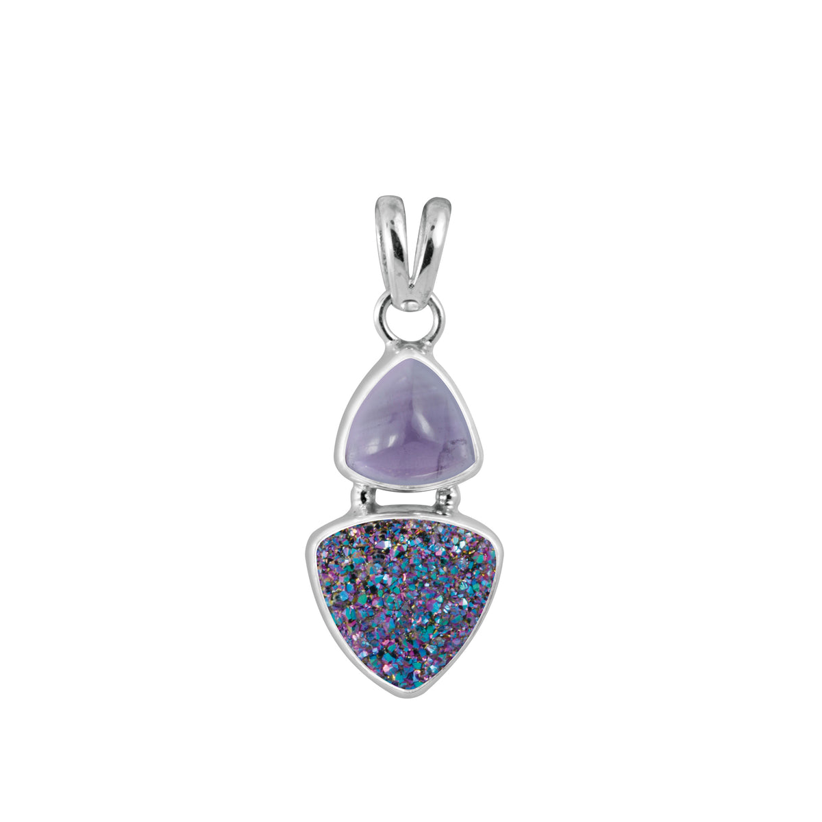Sterling Silver Pendant With Amethyst And Druzy Peacock Blue Green Triangle