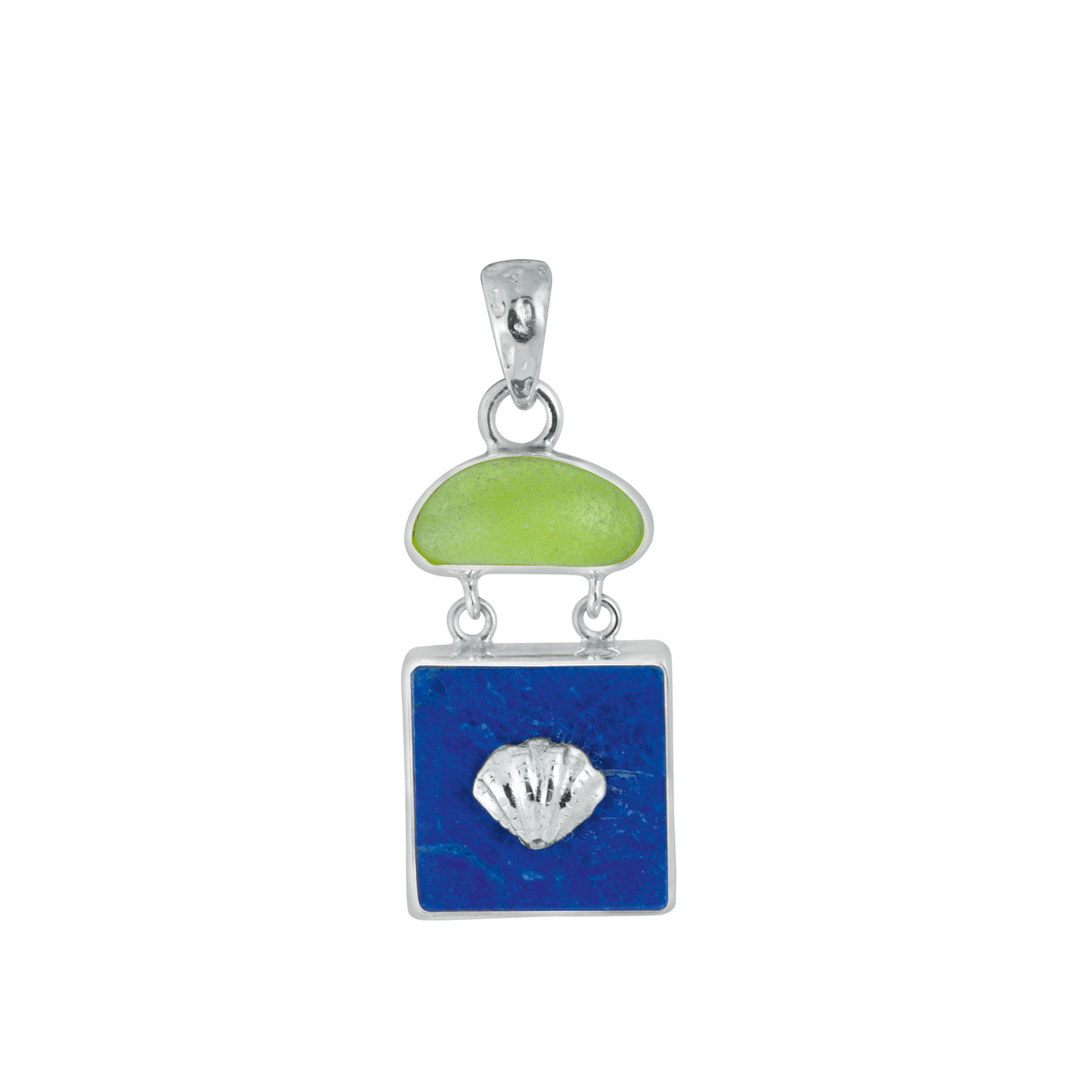 Sterling Silver Pendant With Sea Glass Green &amp; Lapis Square