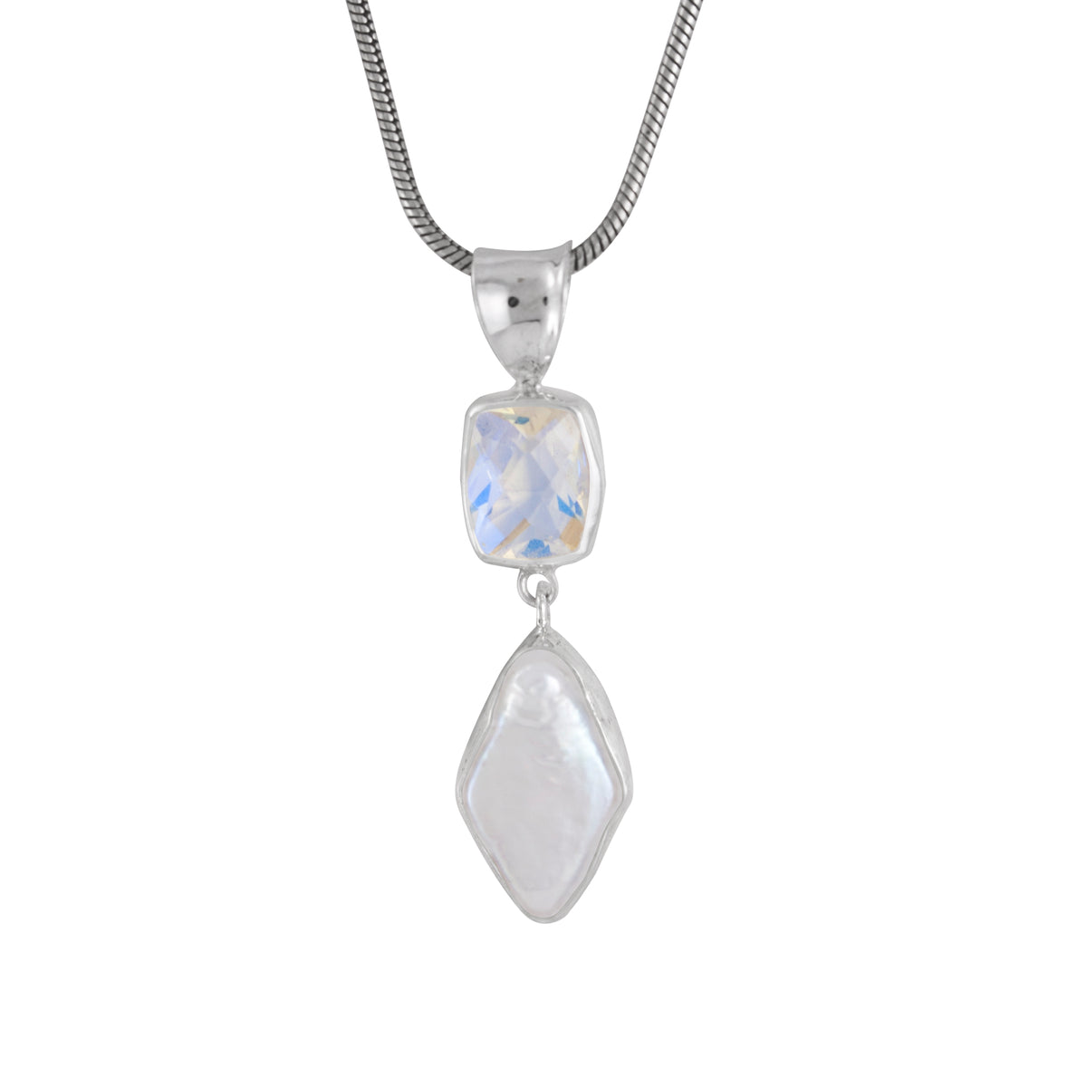 Silver Pendant With Rainbow Quartz Rectangle Checker, Pearl