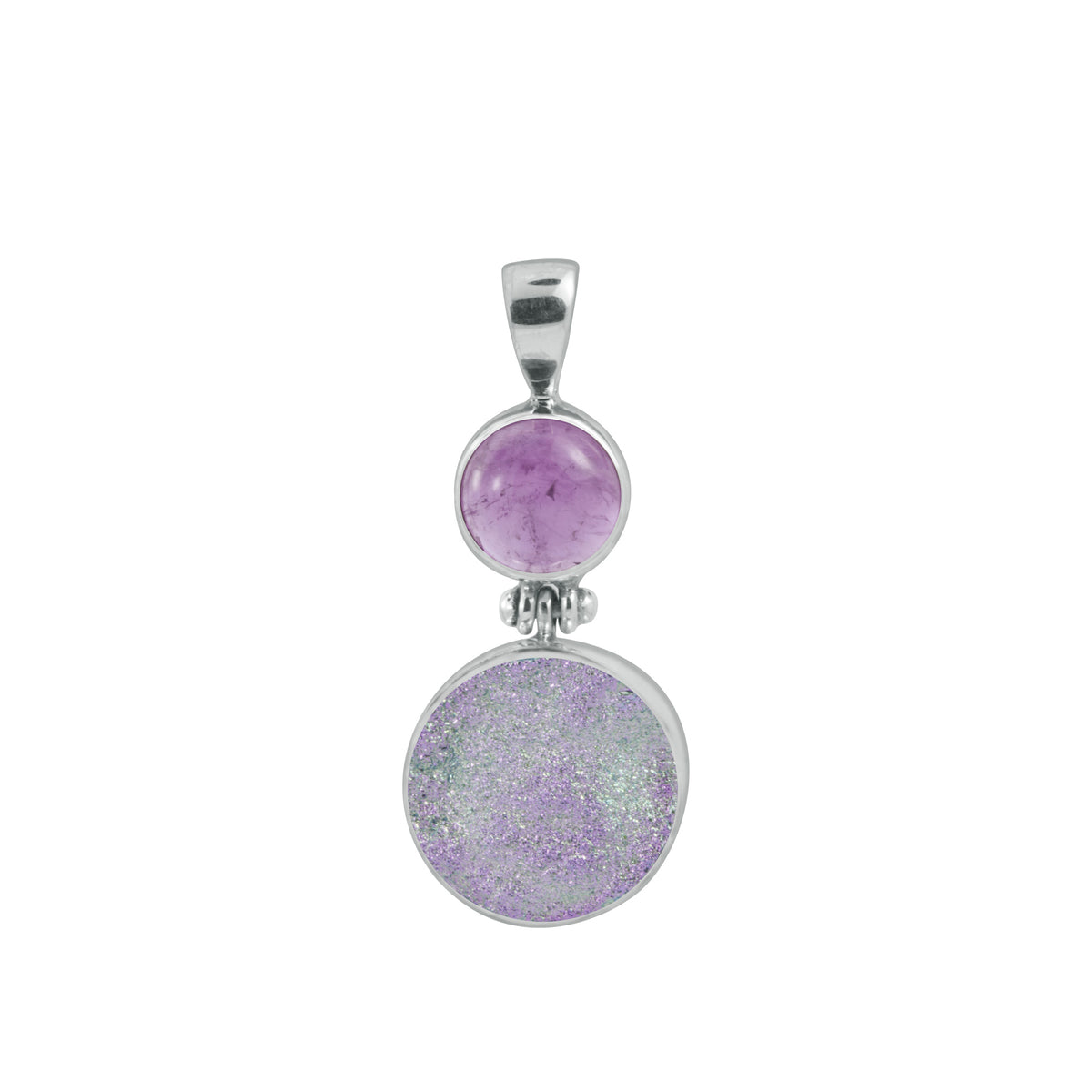 Sterling Silver Pendant With Amethyst Round, Druzy Easy Green Round