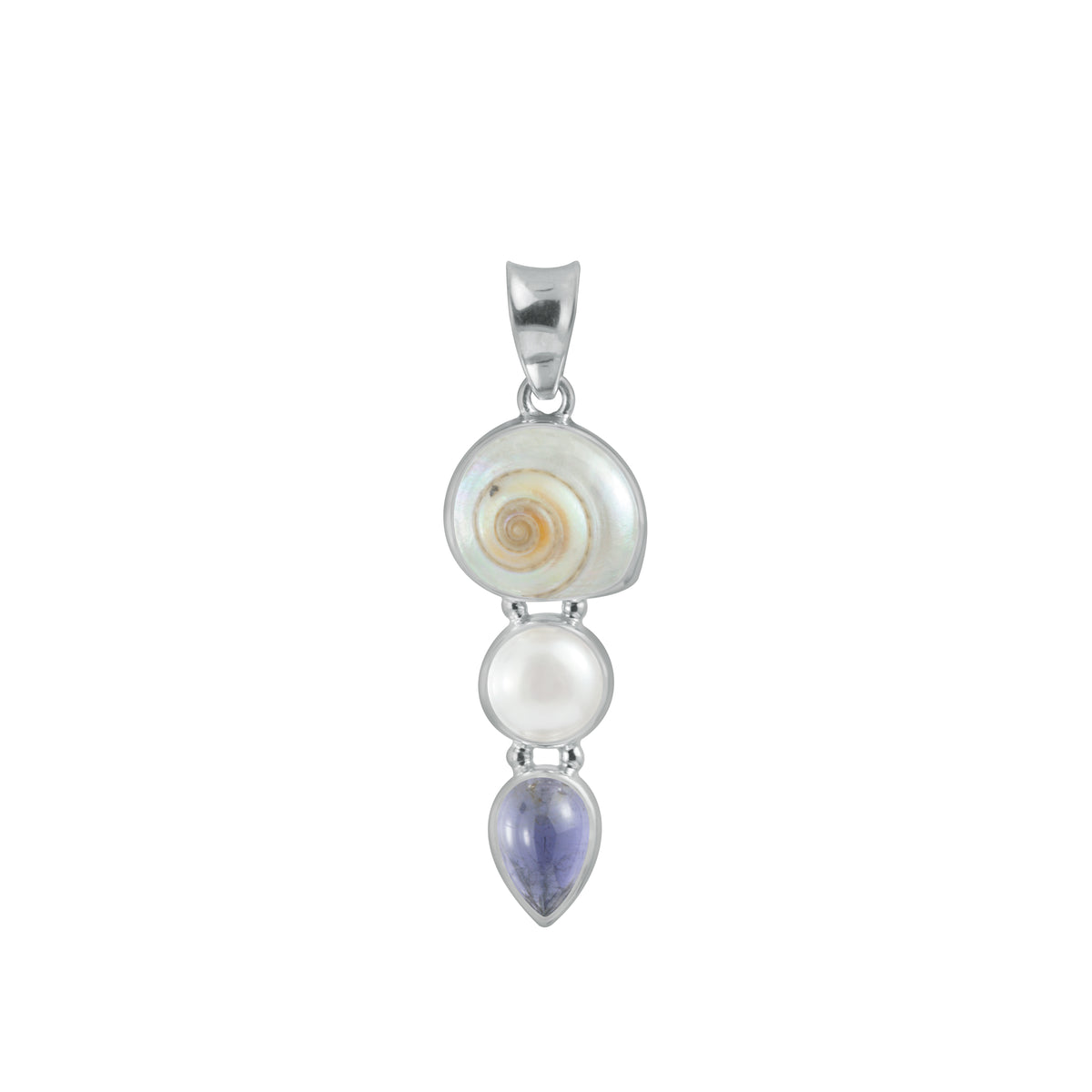 Sterling Silver Pendant With Shell Malabar Turbos, Pearl Round, Iolite Pear Cab
