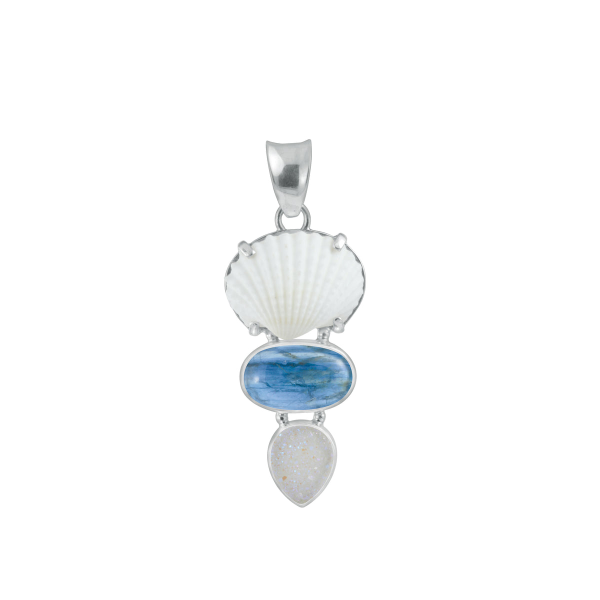 Sterling Silver Pendant With Shell White Ark, Kyne Oval, Druzy Oval Drop