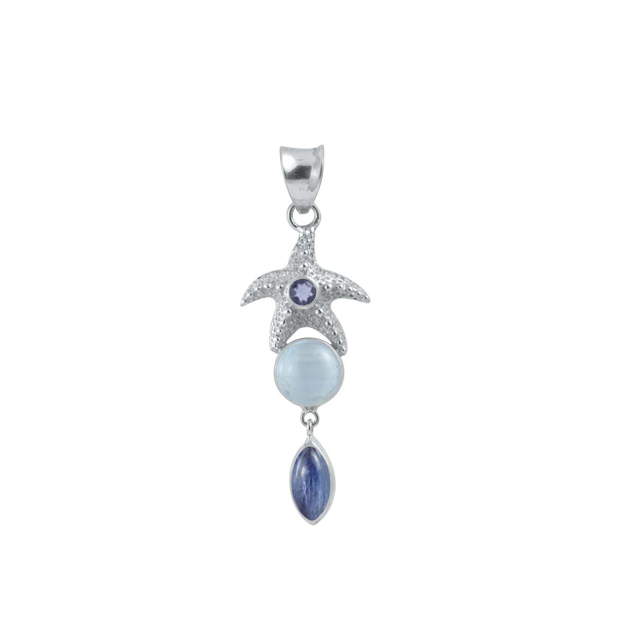 Sterling Silver Pendant With Iolite, Selenite Round, Kynite Marqouse Cab