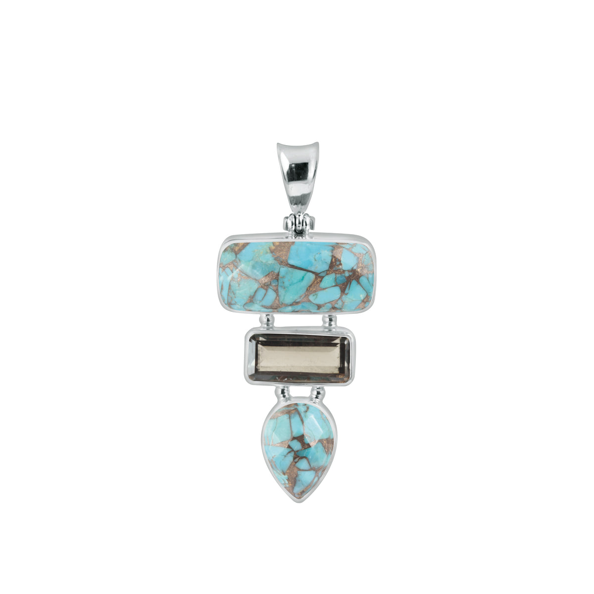 Sterling Silver Pendant With Turquoise Mosaic Facet, Smokey Quartz Rectangle