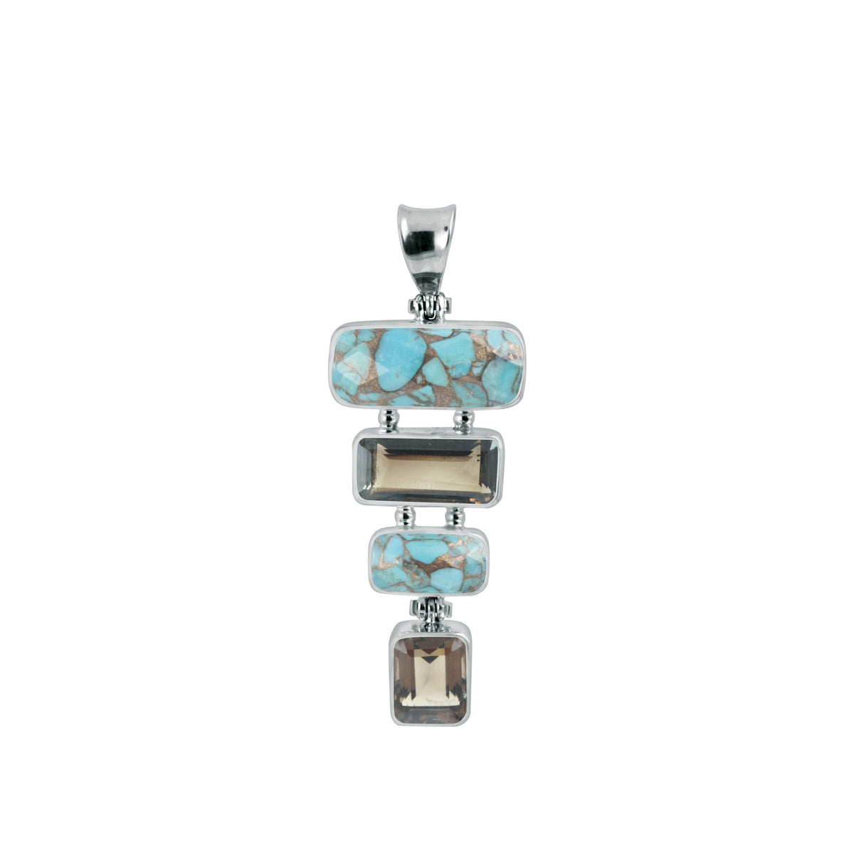 Sterling Silver Pendant With Terquoise Mosaic Facet, Smokey Rectangle Facet