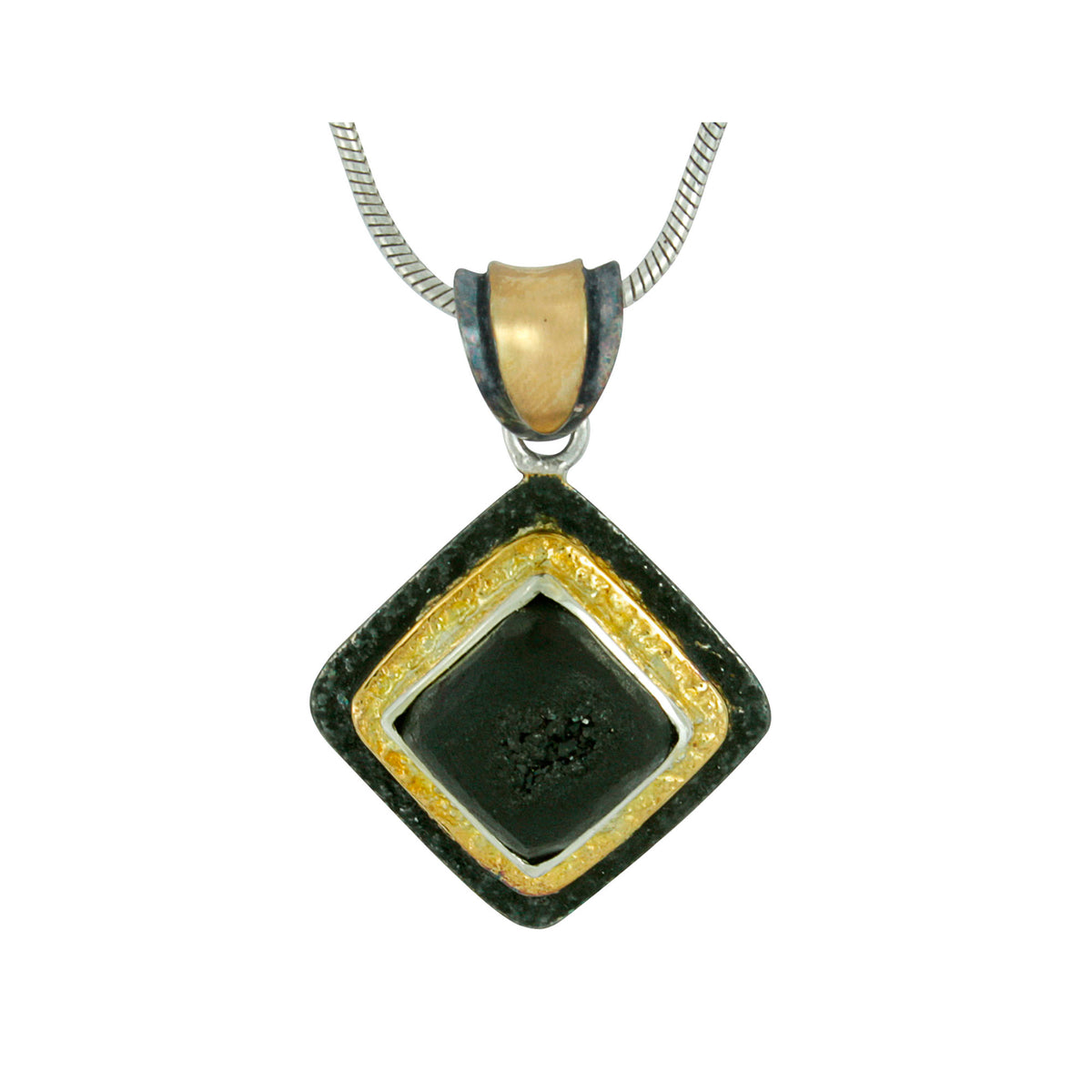 Contemporary, Distinctive Black Druzy Gold &amp; Silver textured Pendant