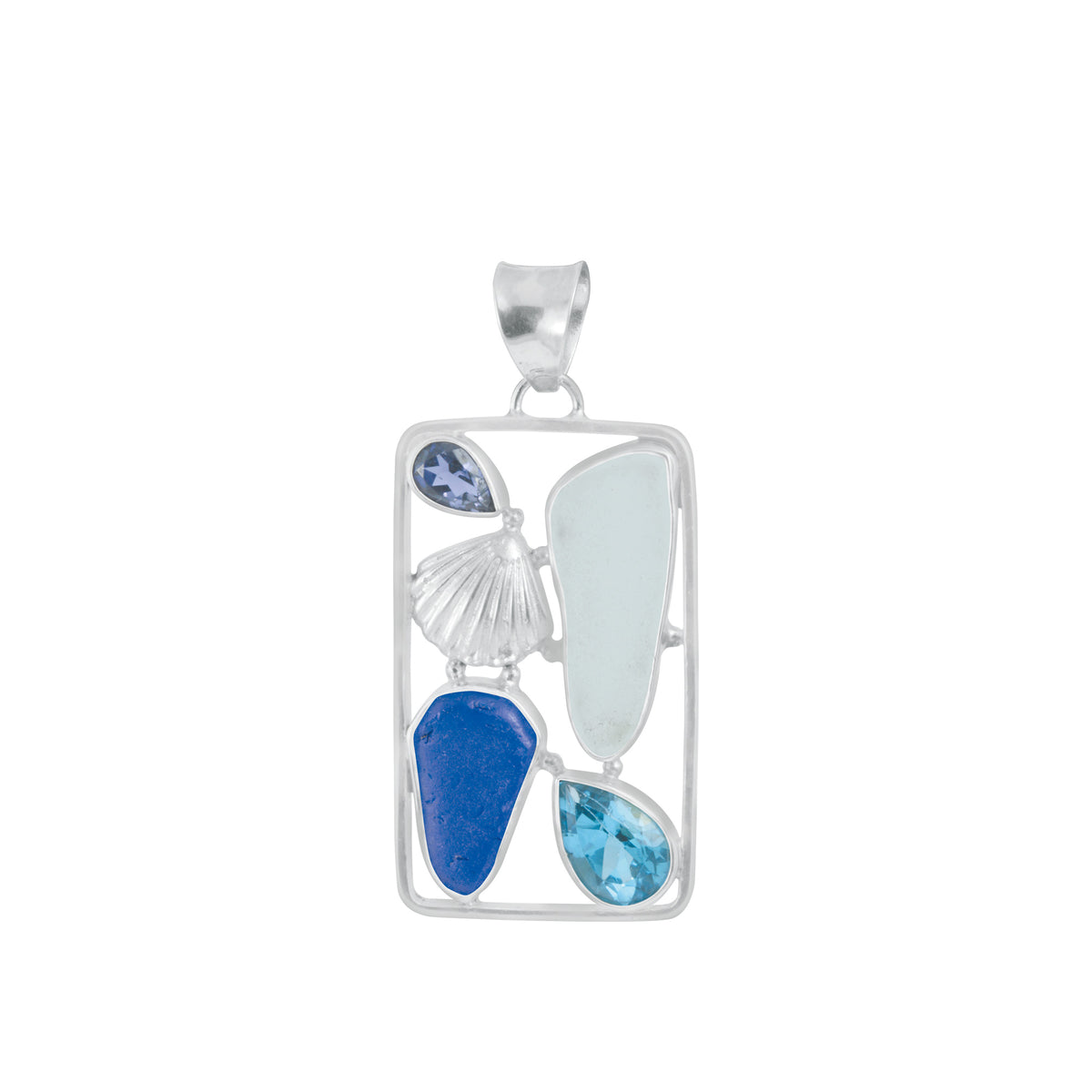 Sterling Silver Pendant With Sea Glass, Blue Topaz, Iolite Pear Facet