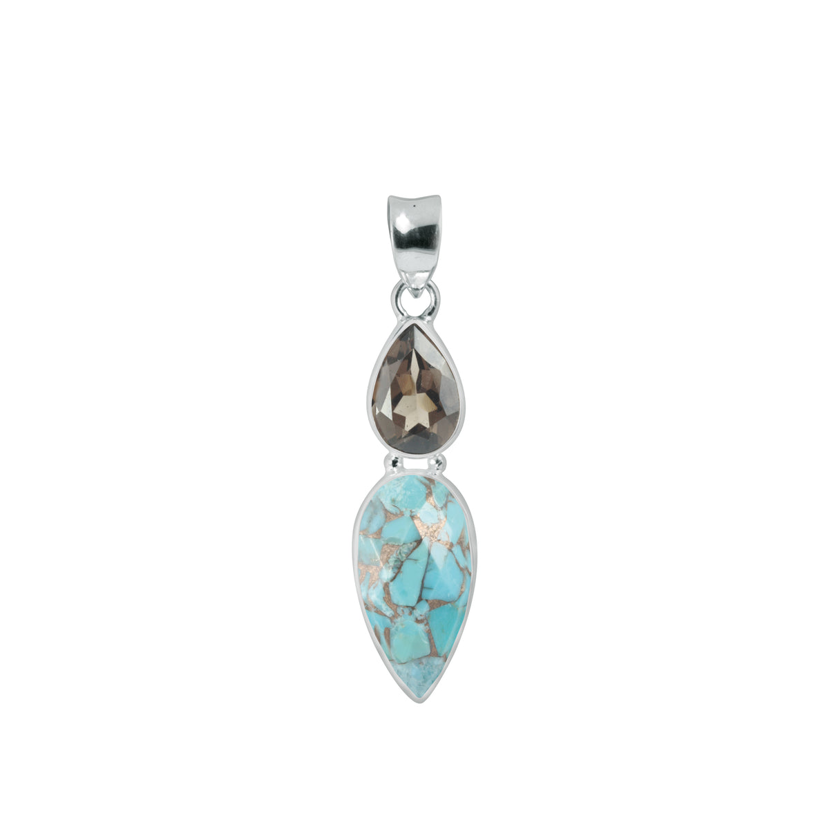 Sterling Silver Pendant With Smokey Pear Facet, Turquoise Mosaic Pear