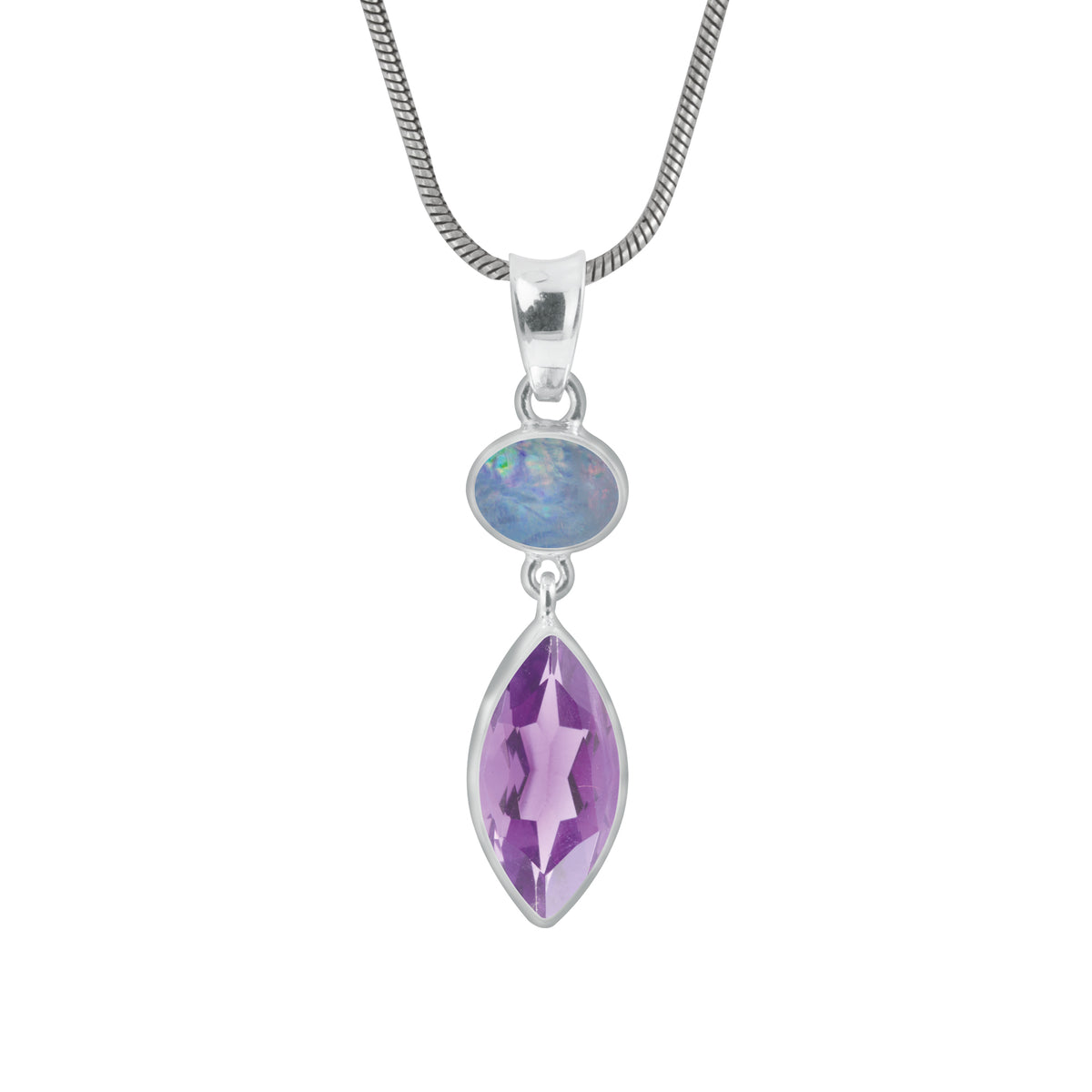 Sterling Silver Pendant With Opal, Amethyst Marquise Facet
