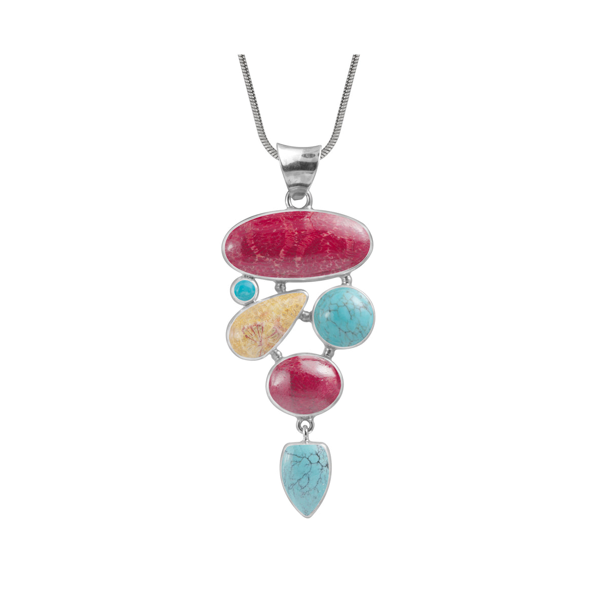 Sterling Silver Pendant With Abstract Sponge &amp; Fossil Coral, Turquoise Drop