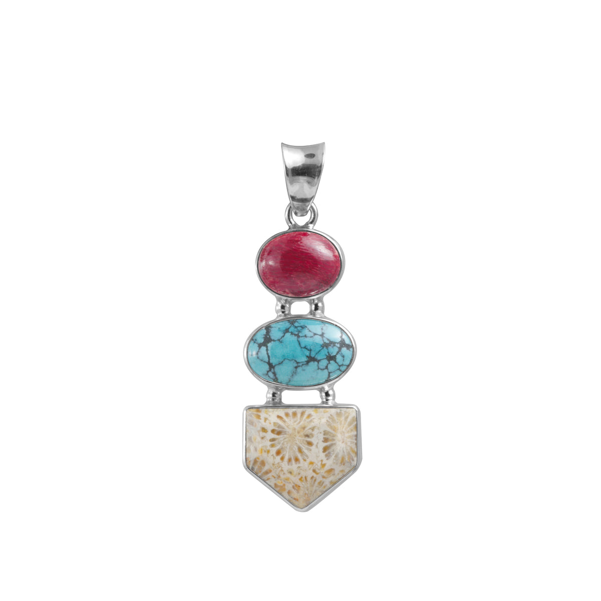 Sterling Silver Pendant With Sponge Coral, Fossil Coral, Turquoise Oval