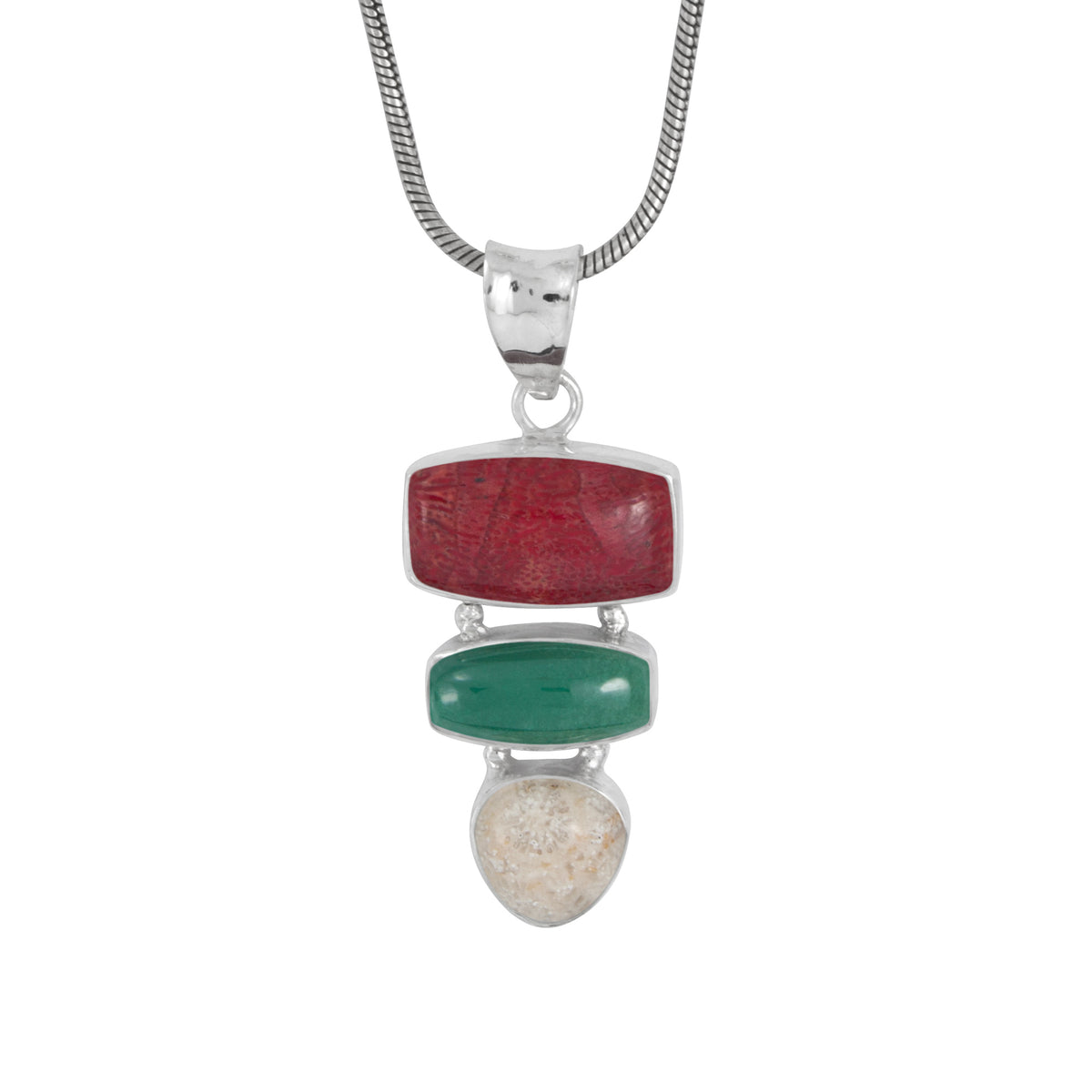 Sterling Silver Pendant With Sponge Coral, Turquoise Rectangle, Palm