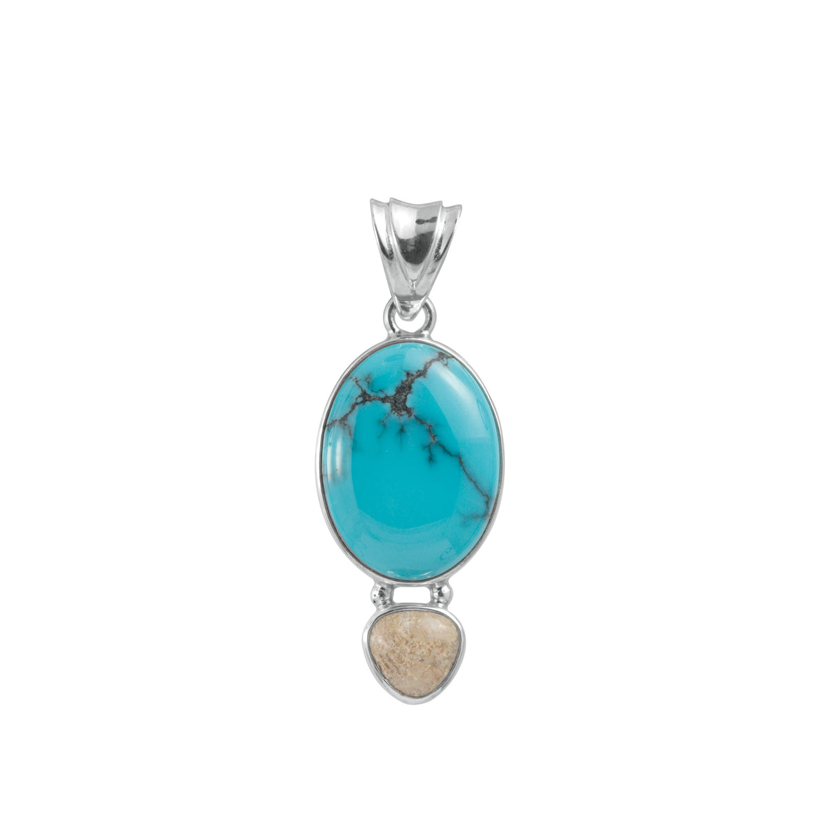 Sterling Silver Pendant With Turquoise Oval, Fossil Coral Accent