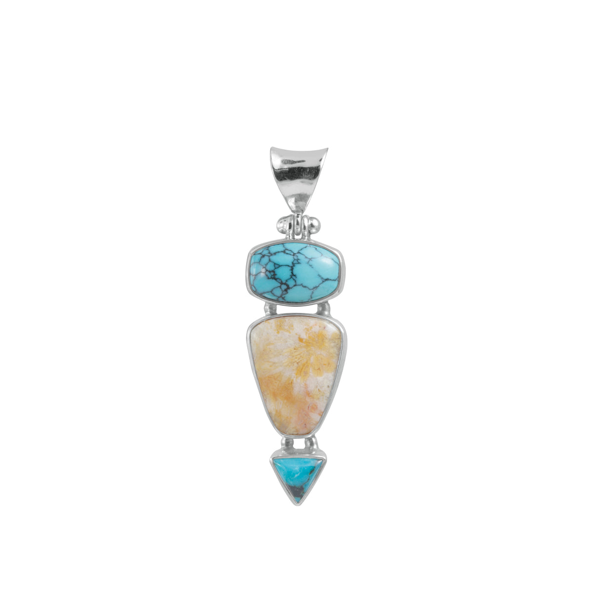 Sterling Silver Pendant With Fossilezed Coral, Turquoise Rectangle And Triangle