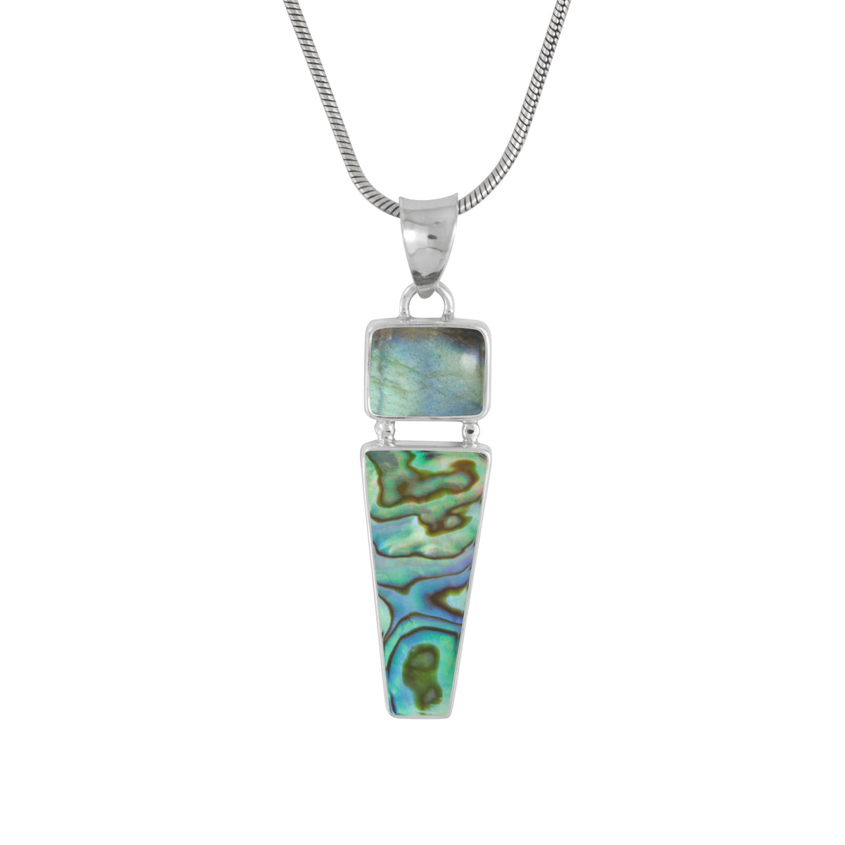 Sterling Silver Pendant With Labradorite Rectangle, Paua Rectangle Drop