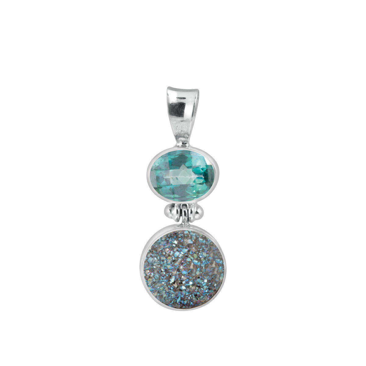 Sterling Silver Pendant With Green Topaz Oval, Druzy