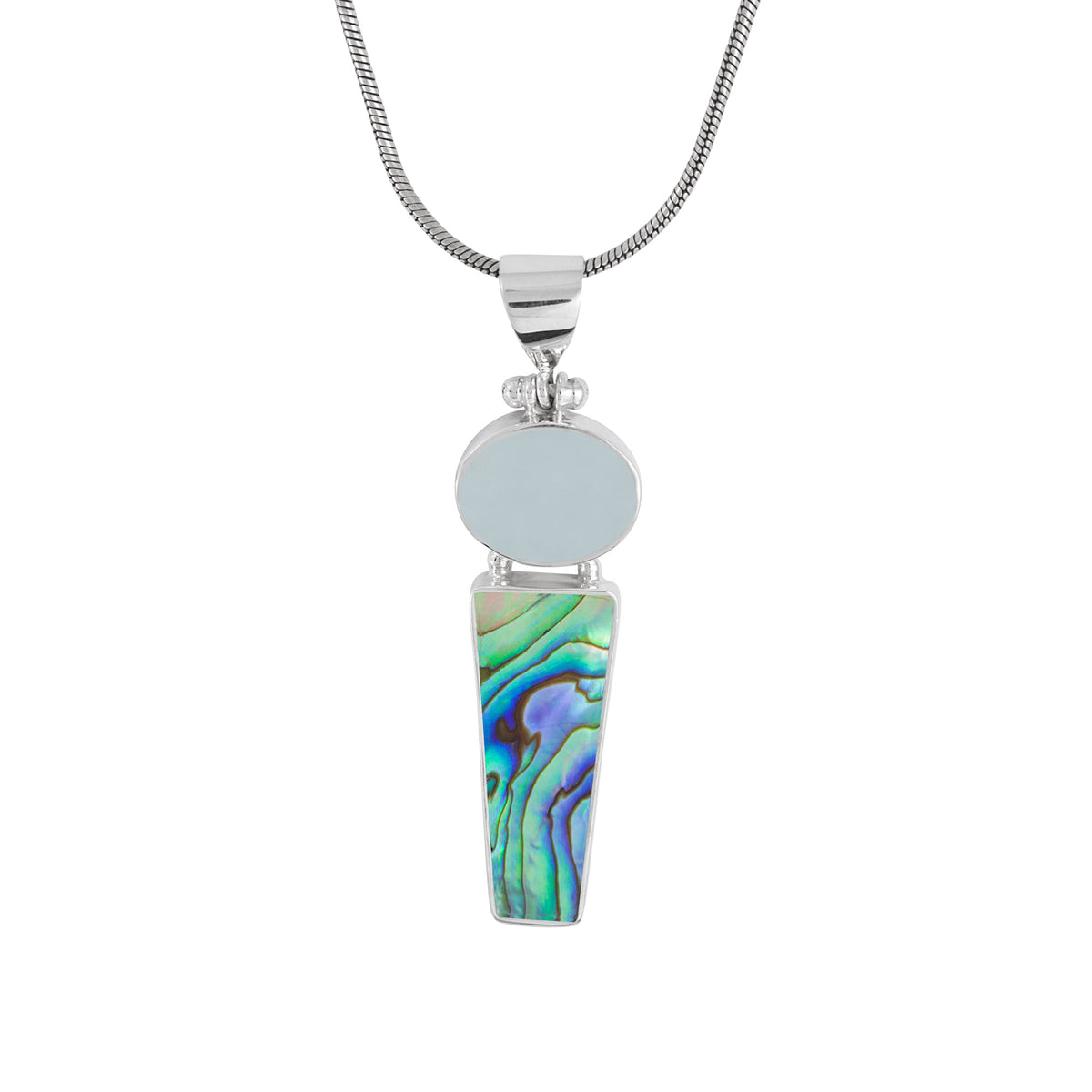 Sterling Silver Pendant With Sea Glass Aqua And Paua Rectangle Drop