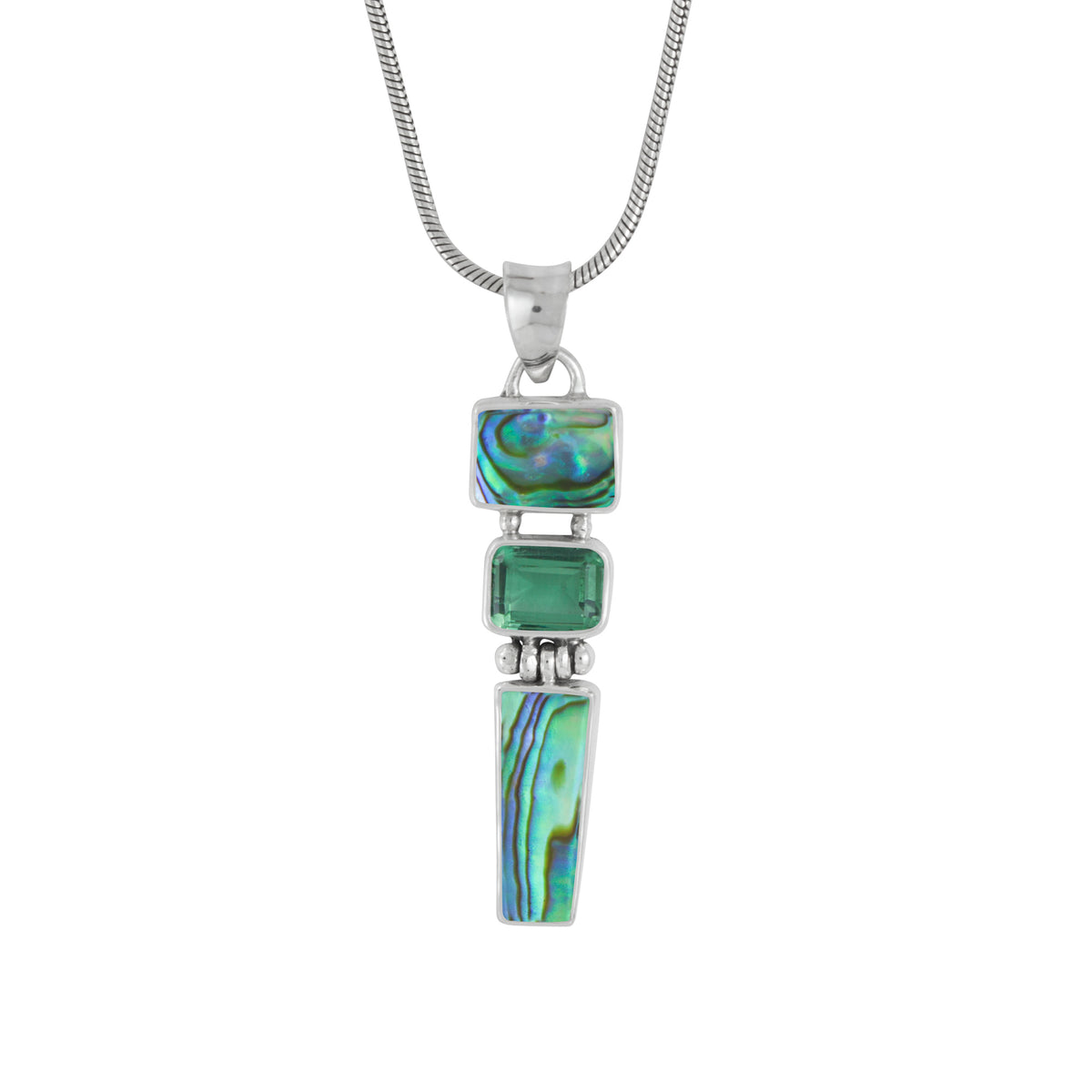 Sterling Silver Pendant With 2 Paua &amp; Green Quarzt Rectangle