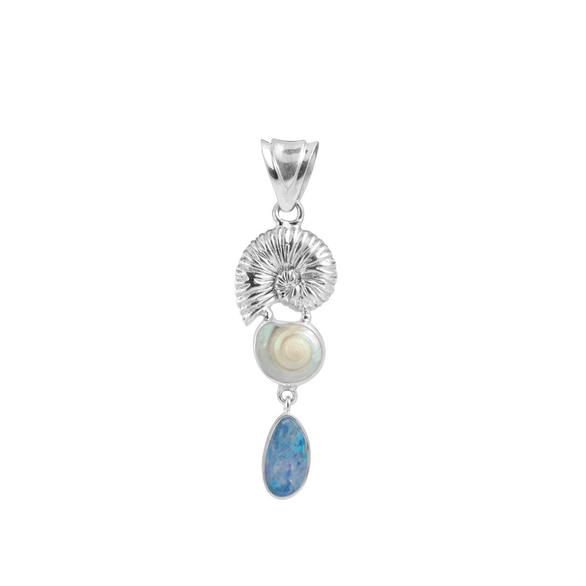 Sterling Silver Pendant Shell Component With Shell Malabar Turbos, Opal Drop