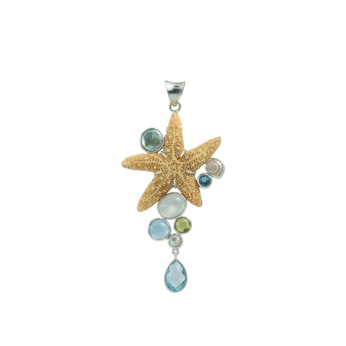 Sterling Silver Pendant Start Sea Shell With Peridot, Blue Topaz Round, Shell Malabar Turbos And Pearl