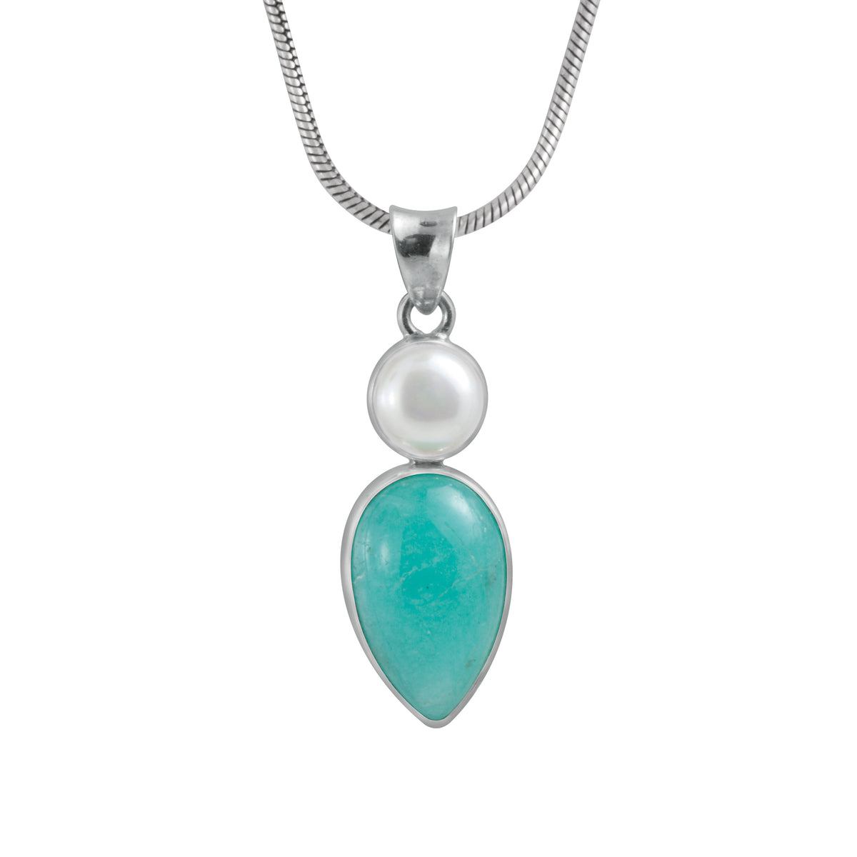 Sterling Silver Pendant With Pearl Round, Amozonite Pear