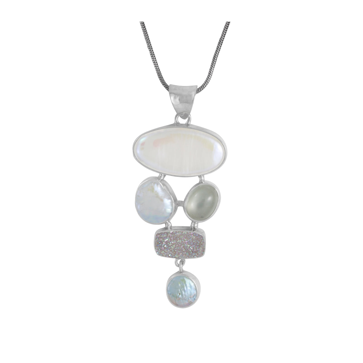 Sterling Silver Pendant With Pearls, Druzy Opal, Greenmoon Oval