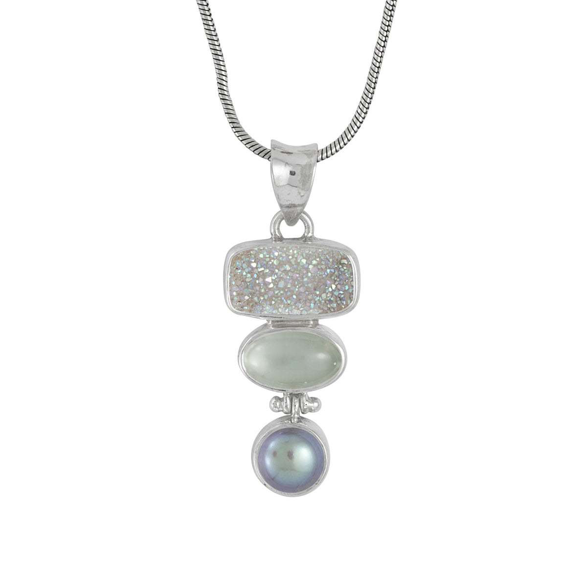 Sterling Silver Pendant With Druzy Opal Rectangle, Amozonite Oval And Pearl