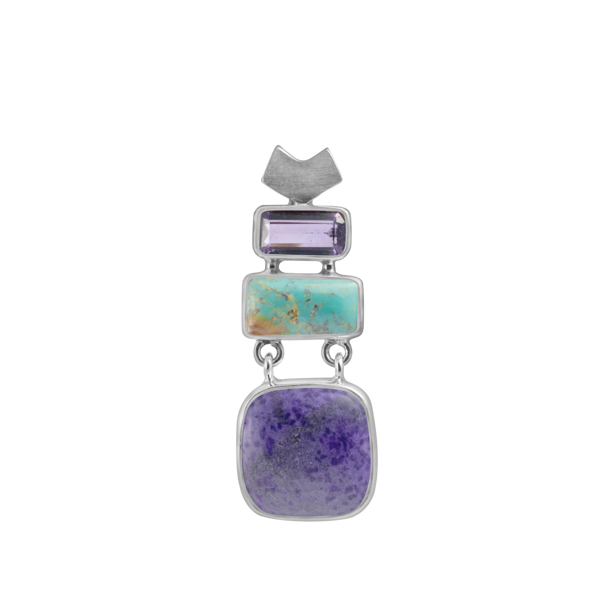 Sterling Silver Pendant With Amethyst, Turquoide Rectangle And Sugilate Square Cushion