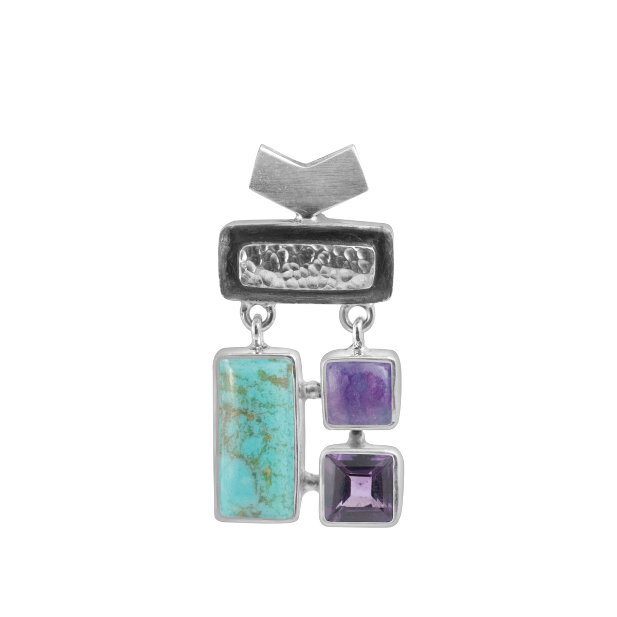 Sterling Silver Pendant With Sugilate, Amethyst Square And Turquoise Rectangle