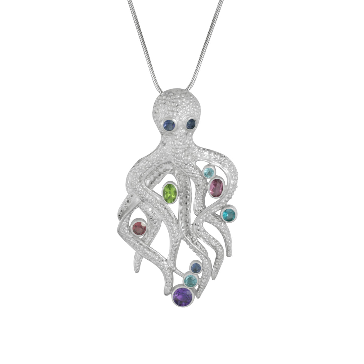 Silver Pendant With Octopus Component With Multi Facet Stone