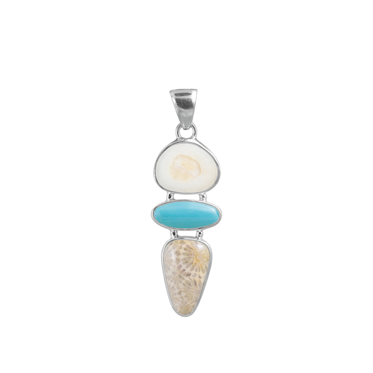 Sterling Silver Pendant With Fossil Ivory, Turquoise Oval And Coral Tongue