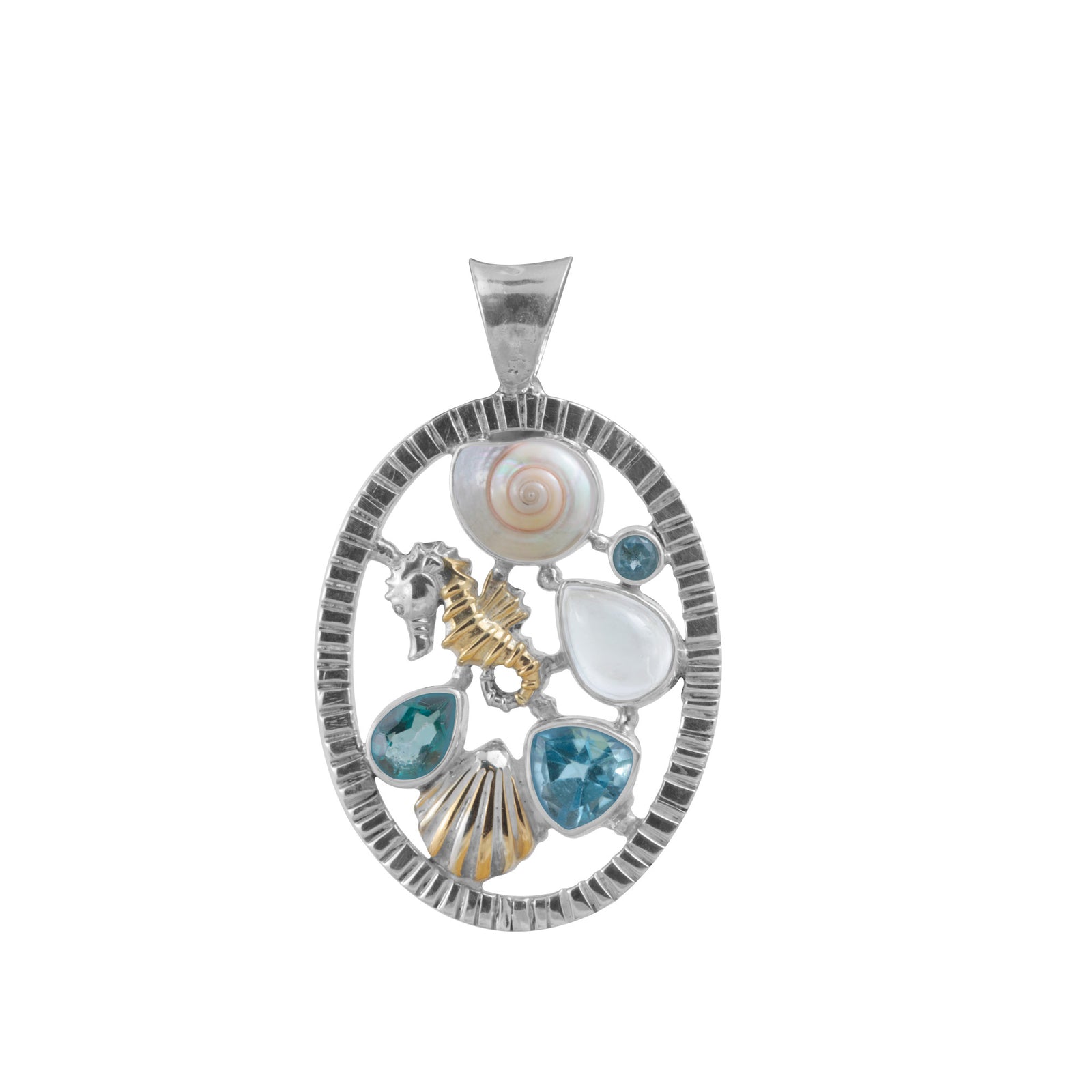 Sterling Silver Pendant With Shell Malabar turbo, Sea Glass White, Turquoise Pear, Round