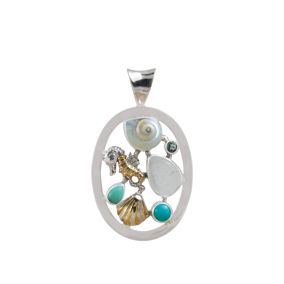 Sterling Silver Pendant With Shell Malabar turbo, Sea Glass White, Turquoise Pear, Round